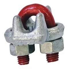 This forged steel U-bolt clip is used to form an eye or loop at the end of a wire rope for lifting, towing, or rigging connections. Compatible with 1-3/8 inch rope diameter and requires a 44 inch rope turnback length. Silver finish.