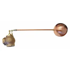 This float valve assembly automatically controls water levels in tanks, reservoirs, and industrial vessels. It features an angle valve body, cylindrical bronze float, and adjustable arm. Inlet and outlet connections are FNPT; rod thread is 3/8" NPT. Flow rate: 400 gpm at 60 psi. Includes float and rod.