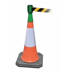 Yellow plastic barrier tape belt for traffic cones, blank legend, 9 in belt height, 3/4 ft overall height, 11 7/8 ft maximum belt length. Green plastic housing. Used with traffic cones to create temporary pedestrian or vehicle barriers in construction zones, parking lots, or event areas.