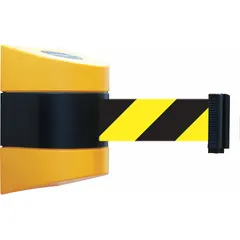 Wall-mount retractable belt barrier with a 30 ft black/yellow belt and black/yellow frame. Designed for permanent installation to manage pedestrian traffic, define lanes, or restrict access in industrial and public settings.