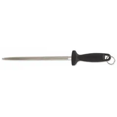 This 12-inch stainless steel honing steel features a regular cut surface for realigning knife edges between sharpenings. The black polypropylene handle includes a swivel for ease of use. NSF certified for sanitation compliance in foodservice environments.