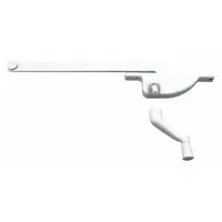 This right-hand crank window operator is designed for casement windows and mounts to the frame. It includes a handle and features a white powder-coated finish. The base length is 4 3/4 inches. Typical applications include operating casement windows in residential and commercial buildings