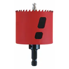 This hole saw with attached arbor cuts through wood, metal, and plastic. It has a 2-1/4 in diameter, 5/6 teeth per inch, and a 1-7/8 in max cutting depth. The 5/8"-18 thread size allows direct mounting on compatible drills. Suitable for general maintenance, electrical, and plumbing work.