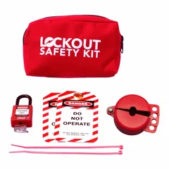 Portable lockout kit for laboratory valves, supplied in a canvas carrying pouch (2 in D x 7 in W x 5.5 in H). Includes one needle valve knob handle lockout device, one red keyed-different padlock, two lockout tags, and two cable ties. Used for lockout/tagout procedures on needle gate valves during maintenance or servicing.