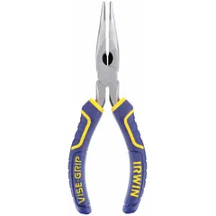 Bent needle-nose pliers with 6 in overall length, 1 5/8 in jaw length, and 1/8 in tip width. Features an integrated cutter and a bent nose design for precision gripping, bending, and cutting in confined spaces. Suitable for tasks requiring access to tight areas.