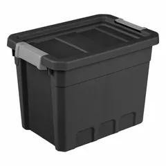 Plastic storage tote with a black body and latch-on lid. Capacity is less than 10 gallons. Suitable for organizing household items, tools, or industrial supplies in workshops, warehouses, or offices.