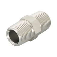 Straight threaded pipe fitting made from 316 stainless steel. Connection size 1 in x 1/4 in, pressure rating 5400 psi, length 1 31/32 in. Used in high-pressure hydraulic and pneumatic systems for fluid handling.