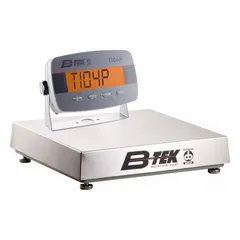 This bench scale features a 12 x 12 inch stainless steel weighing surface with a 50 lb capacity and readability of 5 g / 0.005 kg / 0.2 oz / 0.01 lb. It includes a corded remote indicator and an RS-232 port for data communication. The IP54 rating makes it suitable for industrial environments where dust or water splashes may occur.