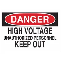 This adhesive-mounted polyester sign measures 3 1/2 inches by 5 inches and is not retroreflective. It is designed for indoor use to warn personnel of high voltage hazards and restrict unauthorized access. The sign is applied to equipment, panels, or doors in industrial settings