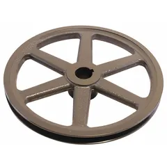 Motor pulley for HVACR equipment, transferring rotational power from the motor shaft to a belt drive. Used to adjust fan or compressor speed by changing the effective pulley diameter, enabling airflow or pressure control in commercial heating, ventilation, and air conditioning systems.
