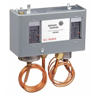 JOHNSON CONTROLS Dual Pressure Control: DPST, 20 in Hg to 100 psi Low Side, 100 psi to 500 psi High Side - Dual Pressure Controls