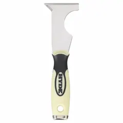 Standard painter's multi-tool with a carbon steel blade measuring 3-1/4 in length and 2-1/2 in width. Plastic handle for grip. Used for general painting tasks such as paint removal, putty application, and surface preparation.