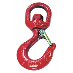 Carbon steel slip hook with 3,000 lb working load limit. Grade 100, 5/8 in material thickness, red finish. Includes visual indicator markings for deformation and max angle. Used for attaching slings or chains to loads in rigging and material handling.
