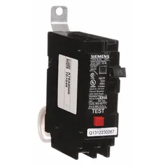 Single-pole, bolt-on miniature circuit breaker rated 15 A at 120V AC, single-phase, with ground fault equipment protection. Part of the BLE series, it has a maximum AIR rating of 22kA at 120V AC. Designed for use in Siemens P1 panelboards for branch circuit protection in commercial and industrial power distribution systems.