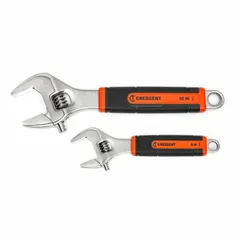 This adjustable wrench set includes steel wrenches with a full polish chrome finish for corrosion resistance. Wrench lengths range from 6 to 10 inches, with jaw capacities from 1 to 1-13/32 inches. Suitable for general fastening tasks in maintenance, plumbing, and mechanical applications.