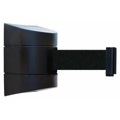 This wall-mount retractable belt barrier from TENSABARRIER features a 15 ft black belt and black frame. It is designed for pedestrian traffic control in industrial environments, such as factories, warehouses, and plants, to manage queues or restrict access. The unit mounts to walls via a fixed plate.