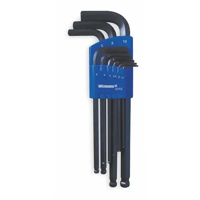 WESTWARD Hex Key Set: 6 - 10 Pieces, L, Metric, Single Ball End, Long, 9 Pieces - L-Shaped Hex Key Sets