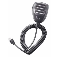 The ICOM HM152 is a push-to-talk hand microphone in black, featuring a modular connector for use with ICOM F5062 series two-way radios. It is suited for industrial, security, and field communication applications where a handheld microphone provides convenient voice transmission.