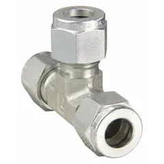 Steel double-ferrule compression tee fitting with 1/2 in OD x 1/2 in OD x 1/2 in OD size and 1/2" thread size. Compatible with Parker A-LOK fitting brands. Used to create branch connections in tubing systems for fluid or gas handling.