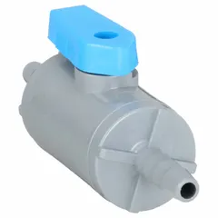 This PVC ball valve features a straight, barb x barb design for use with flexible tubing. The full-port ball port minimizes pressure drop, making it suitable for manual on/off flow control in fluid-handling systems.
