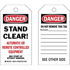 Black danger tags with red and white text reading 'Danger/Stand Clear! Automatic Or Remote Controlled Equipment May Start Up Without Warning / Danger/Do Not Remove This Tag'. Each tag includes a cotton string fastener. Supplied in a pack of 100. Used for lockout/tagout safety identification on industrial equipment that may start up without warning.