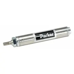 This pneumatic cylinder features a stainless steel body and nose mounting with #10-32 NPT ports. It has a 7/16 in bore and 1/2 in stroke, with a rotating rod for applications requiring combined linear and rotary motion. Suitable for compact automation tasks such as clamping or indexing.