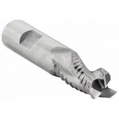 Solid carbide roughing end mill with a 0.04" corner chamfer, designed for high-speed material removal in nonferrous materials such as aluminum and brass. Three-flute geometry reduces cutting forces and improves chip evacuation. Suitable for roughing operations in general machining applications.