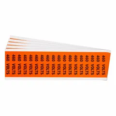 Self-stick vinyl label for marking conduits and equipment with a 460 Volts legend. Each label is 2 1/4 in wide by 1/2 in tall, C-style. Sold in a 5-pack. Used for voltage identification in electrical installations.