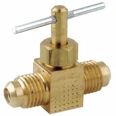 This brass straight-body needle valve features a 1/4 in pipe size with Flare x Flare connections for leak-resistant tubing joints. The needle-style stem allows precise flow regulation of water. Complies with NSF 61 Annex G for potable water contact. Suitable for use in plumbing and process systems requiring fine flow control.