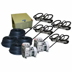 Fine bubble diffuser system producing 3 to 5 mm bubbles. Maximum air flow of 6.4 cfm and covers a surface area of 452 sq ft. Suitable for aeration applications in ponds and water treatment systems.