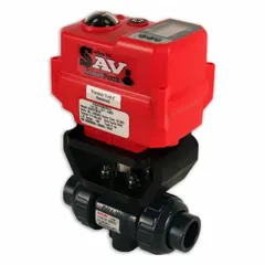 PVC electrically-actuated two-way ball valve with a 3/4 in full port ball port. Operates on 95 to 265V AC and includes a manual override feature on the actuator. Suitable for automated on/off flow control in industrial piping systems handling corrosive fluids.
