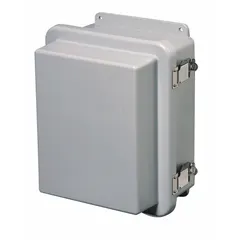 This fiberglass enclosure measures 18 x 16 x 10 inches and features a hinged solid cover with a padlock hasp closure. Rated NEMA 1/12/3R/4X/6P, it is suitable for indoor, outdoor, washdown, and submersible applications. Knockouts are not included. Typical uses include protecting electrical controls, instruments, and terminals in industrial environments.