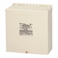Metal-enclosed transformer for low-voltage landscape, pool, and spa lighting. Steps down 120V AC input to 14V AC output, supporting up to 600W of lighting load. Beige finish