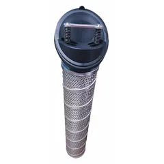 Hydraulic cartridge filter element with fiberglass media rated at 5 microns. Designed for use in hydraulic and lubrication oil systems to remove contaminants and protect downstream components such as pumps and valves.