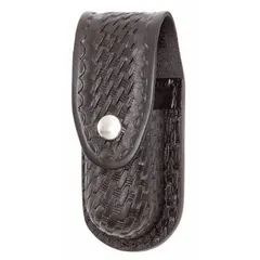 Basket weave leather holster designed to carry pepper spray. Features a snap closure and black finish. Suitable for security and personal defense applications requiring quick access to aerosol defense spray.