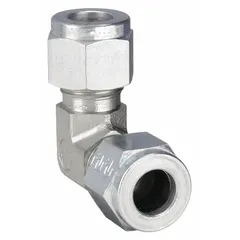 Steel compression fitting elbow with double-ferrule design for leak-tight 90-degree tube connections. Compatible with Parker A-LOK brands. Used in industrial fluid and gas systems for instrumentation, hydraulic, and pneumatic applications.