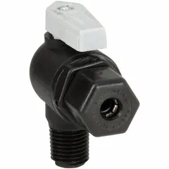 This manual two-way ball valve features a polypropylene body compliant with NSF 51 for use in potable water and food-contact applications. It has a 1/4 in full port ball port, angle configuration, and Sweat x MNPT connections. The lever handle provides straightforward on/off flow control.