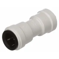 Polysulfone push-to-connect union fitting with 1/2 in OD and 1/4 in OD tube connections. Enables quick, tool-free joining of tubing in low-pressure fluid or air systems. Suitable for water filtration, pneumatic controls, and instrumentation lines