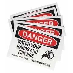 Polyester adhesive signs warning of hand and finger hazards. Each sign measures 3 1/2 in x 5 in nominal size, 0.01 in thick. Not retroreflective or glow-in-the-dark. Supplied in a 5-pack for application on machinery, panels, or doors in industrial environments.