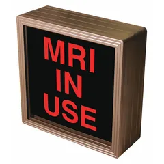 Backlit safety sign for indicating MRI room in use. Illuminated design provides clear visibility to warn personnel of strong magnetic fields. Suitable for medical facilities requiring prominent safety notifications.