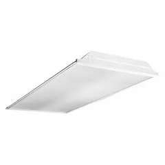 This 2 ft x 4 ft LED troffer delivers 4,772 lumens at 3500K, consuming 38 W. It operates on 120 to 277V AC and is designed for recessed ceiling installation in commercial and industrial spaces such as offices, schools, and warehouses.