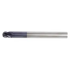 This TiAlN coated carbide ball end mill has a 1/4" diameter, 3/8" length of cut, and 4" overall length with 4 flutes. Designed for fast cutting in steel and cast iron, it is used for profiling, slotting, and contouring in industrial machining.