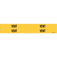 Yellow adhesive pipe markers with black 'Vent' legend, designed for pipe outer diameters from 3/4 to 2-3/8 inches. Each pack contains four markers without directional arrows, used to identify vent piping in industrial and commercial facilities.
