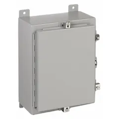 Steel enclosure with solid hinged cover, rated NEMA 12/13/4 for protection against dust, oil, water, and corrosion. Measures 16 in x 12 in x 6 in, features a padlock hasp closure, and does not include knockouts. Suitable for housing electrical controls and instruments in washdown environments.