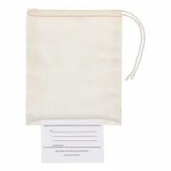 Natural cotton/poly blend drawstring bag with tag, measuring 6 inches wide and 8 inches long. Fabric weight is 3.98 oz/sq yd. Supplied in packs of 100. Suitable for packaging, storage, and organizing small parts or hardware.