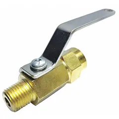 Brass ball valve with 1/8 in straight body, MNPT male x FNPT female end connections, and full port ball port. Lever handle for manual on/off or flow diversion in low-pressure industrial piping, instrumentation, pneumatic, and small hydraulic circuits.