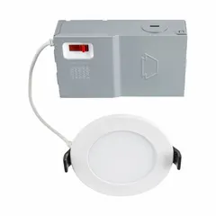 Low-profile canless downlight for recessed lighting in ceilings where a compact fixture is needed. Delivers 530 lumens at 6.5 watts, operates on 120V AC, and is dimmable. Offers selectable color temperatures of 2700K, 3000K, 3500K, 4000K, or 5000K. Trim color is available separately.