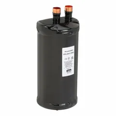 Steel shell suction line accumulator with copper connections and metering orifice. Designed to protect compressors by preventing liquid slugging in refrigeration and HVAC systems. Temporarily stores excess liquid refrigerant and oil, returning them at a controlled rate.