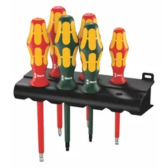 This 6-piece insulated screwdriver set includes Phillips, slotted, and square tip profiles with a 1/32 in tip size. The ergonomic grip provides comfort during use. Suitable for electrical work requiring insulation protection against shock, commonly used in maintenance, assembly, and repair tasks.
