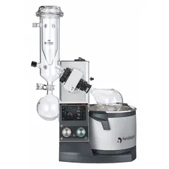 Motorized lift rotary evaporator with 5 L capacity, speed range 10 to 280 RPM, and 1300 W heating power. Equipped with G5 dry ice condenser and vacuum controller. Suitable for solvent removal, distillation, and concentration in laboratory settings.